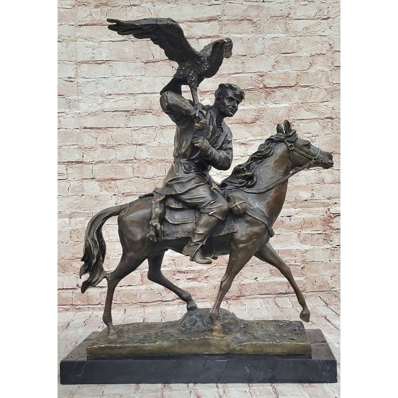 Horse Mounted Khazak Eagle Falcon Hunter Trained Bird Bronze Statue Sculpture Figure 21 Inches X 21 Inches