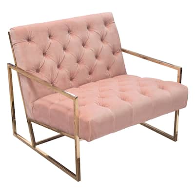 Masy Accent Armchair, Diamond Tufted Blush Pink Velvet, Gold Steel