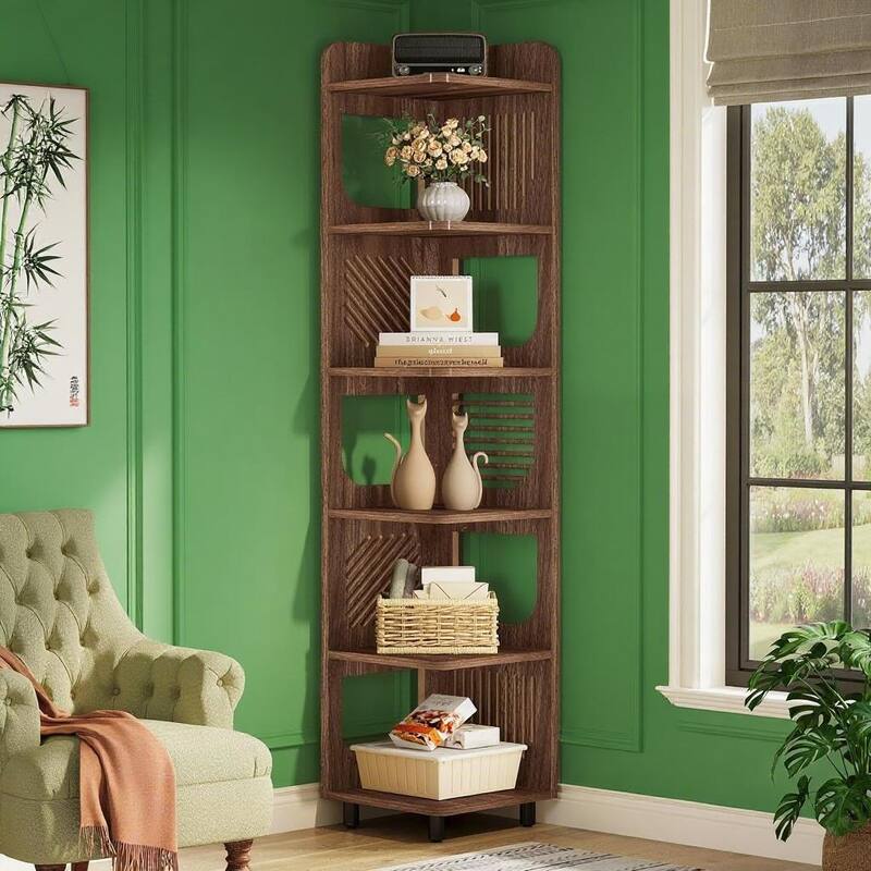 Premium 6 Tier Narrow Corner Bookshelf Full Brown Wooden Storage Shelf with Metal Legs and Anti Tipping Device