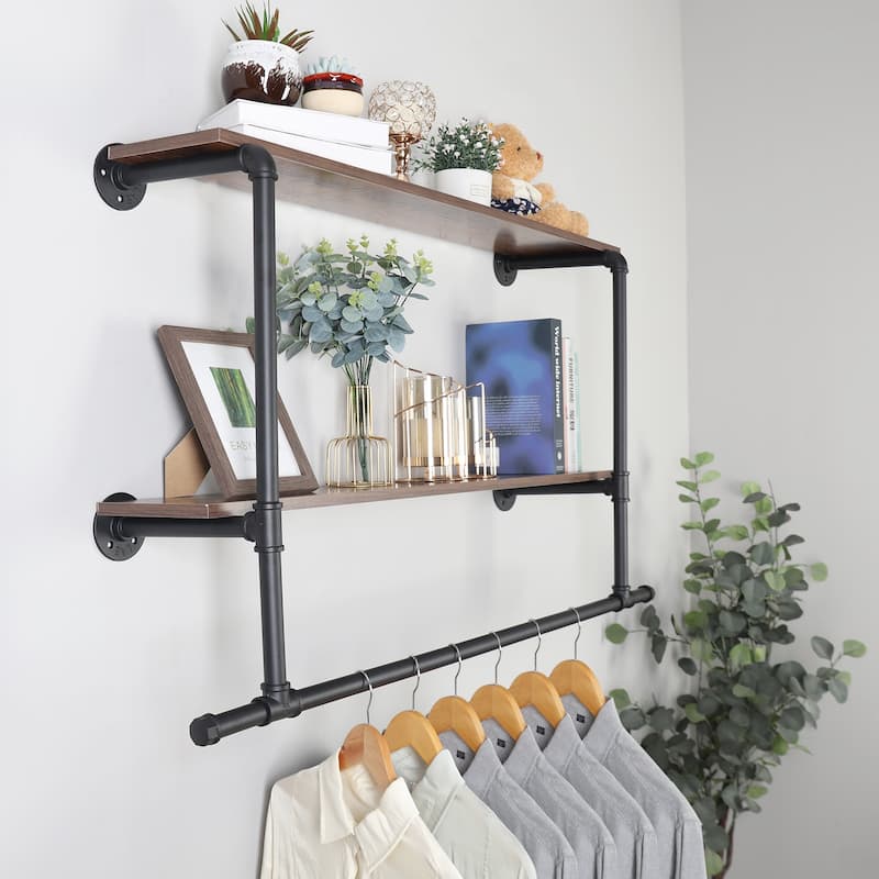 Wall Mounted Clothes Rack with Shelf Industrial Pipe Garment Rack Bar