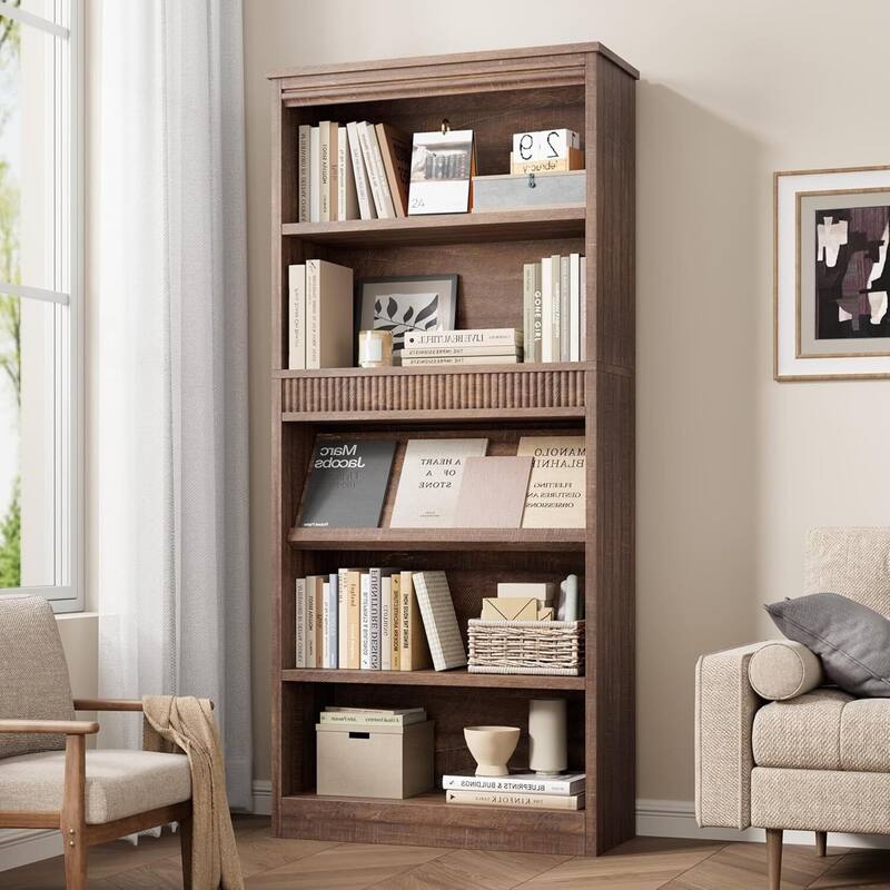 71 Inch Fluted Design Farmhouse Bookcase with Display Rack - N/A - Brown