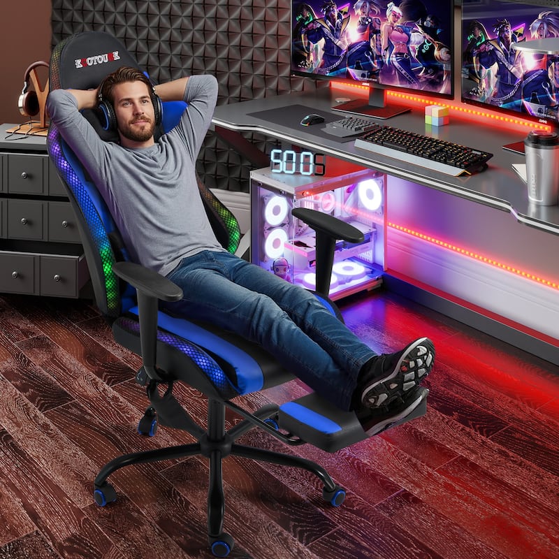 EROMMY RGB LED Gaming Chair with Massage Lumbar Support & Footrest, Ergonomic Reclining Computer Chair for Adults