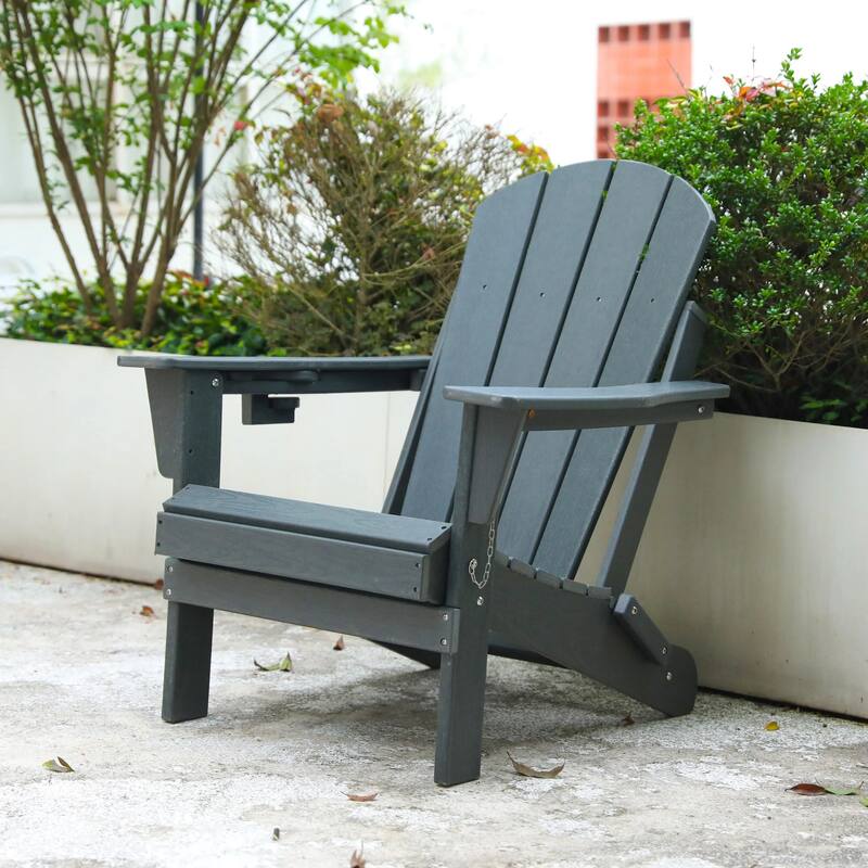 HDPE Folding Adirondack Chair with Dual Cup Holder - Composite Adirondack Chair with Wood Texture - Grey
