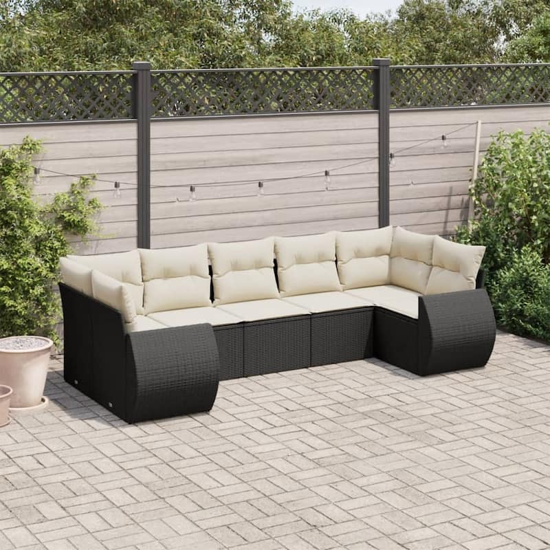 vidaXL Patio Sofa Set with Cushions Outdoor Furniture 7 Piece Poly Rattan - 24.4 x 28.0 x 27.2 - Black and cream