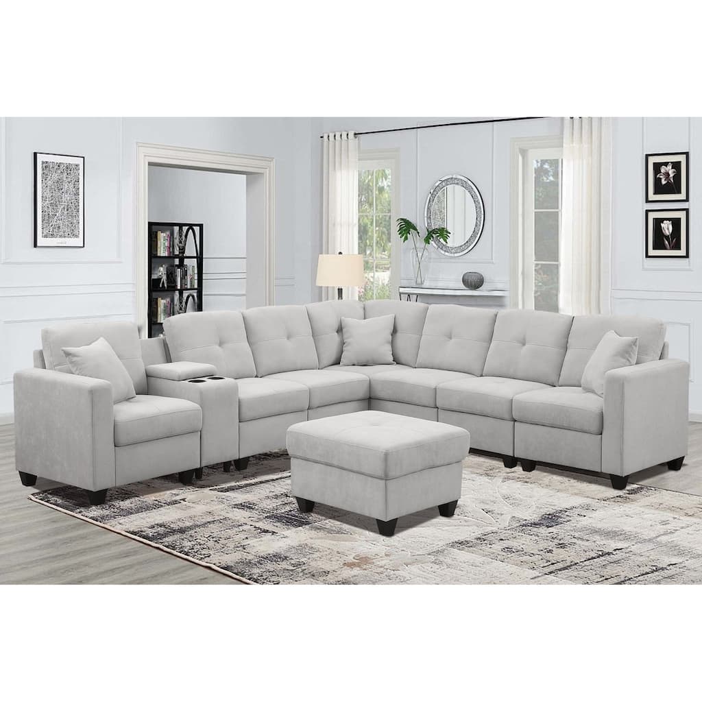 Light Gray Velvet Sectional Sofa, 127x93x35 inches, 313 lbs, Plush Microfiber, Cup Holders, Solid Wood Frame
