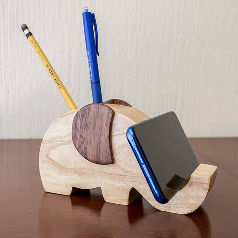 Novica Handmade Elephant Friend Wood Cellphone Holder