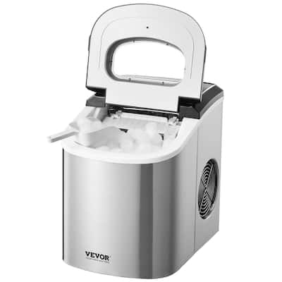 Silver Portable Stainless Steel Countertop Ice Maker with Bullet Ice with Self-Cleaning Mode for Home or Office