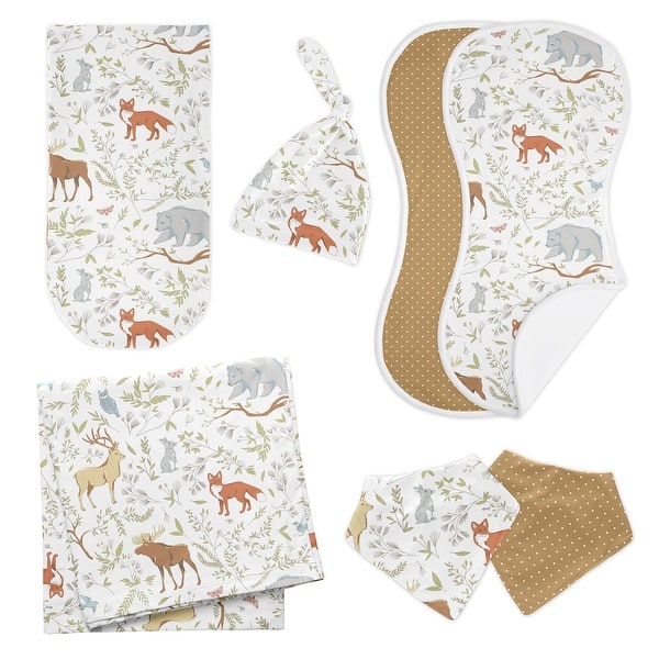 slide 2 of 6, Woodland Animal Toile 7-piece Newborn Baby Layette Set - Blue Grey Green and Brown Gender Neutral Forest Animals Bear Deer Fox