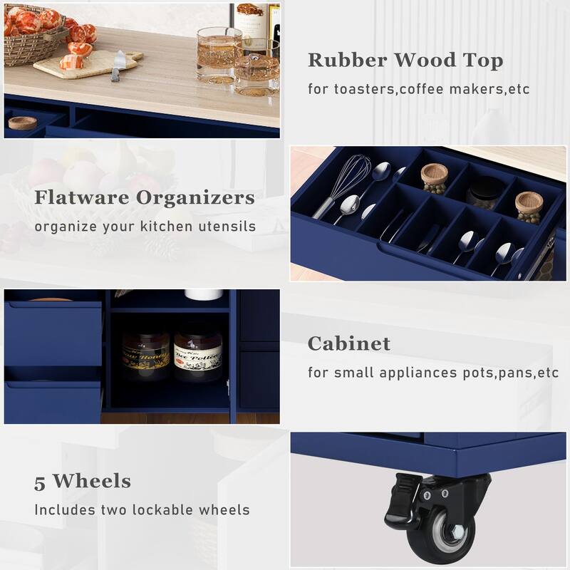 Rolling Blue Kitchen Island with 5 Wheels, Rubber Wood Top Kitchen Cart with 8 Handle-Free Drawers and Flatware Organizer