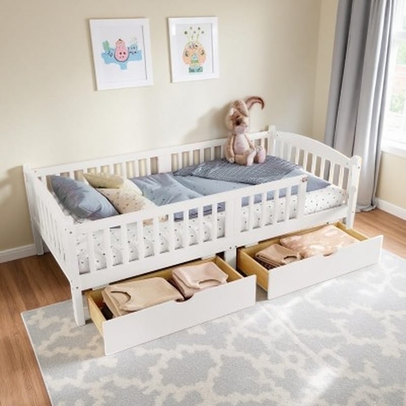 Twin XL Kids Platform Bed Frame with Full-Length Safety Guardrails, Storage Drawers