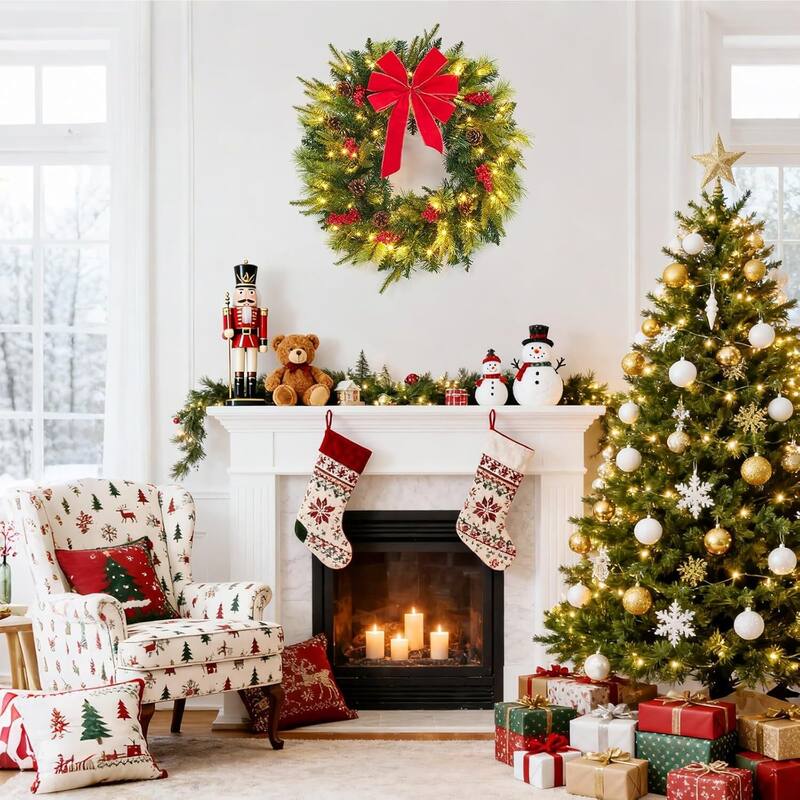 24 Inch Prelit Christmas Wreath for Front Door with Red Bow