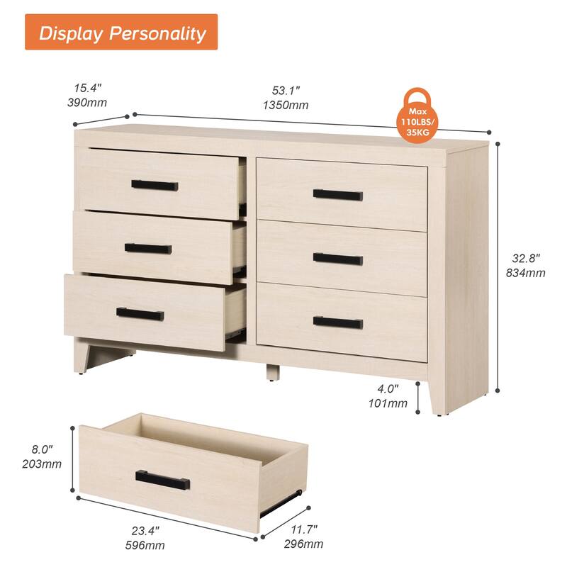 WAMPAT 6-Drawer Farmhouse Dresser - Wood Storage Chest for Bedroom & Hallway