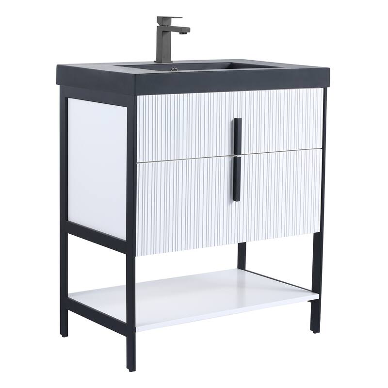 Fine Fixtures Serenity Modern Bathroom Vanity with Black Gel Acrylic Top - White Matte - Black Hardware - 30 inch