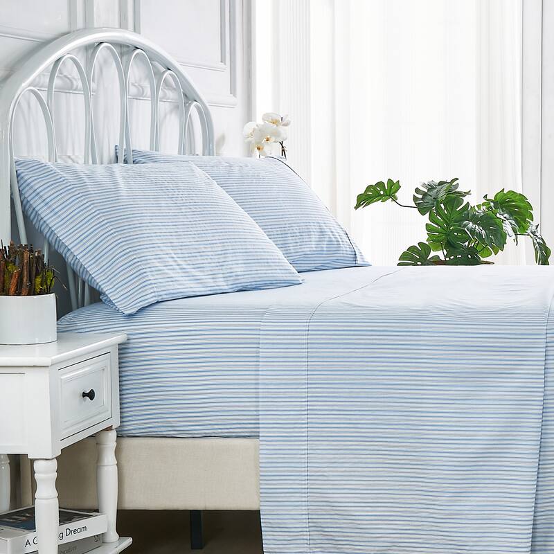 Printed Prewashed Cotton Blue Collection (Individual Set Sell Separately) - Blue Stripe Sheet Set - Full - 4 Piece