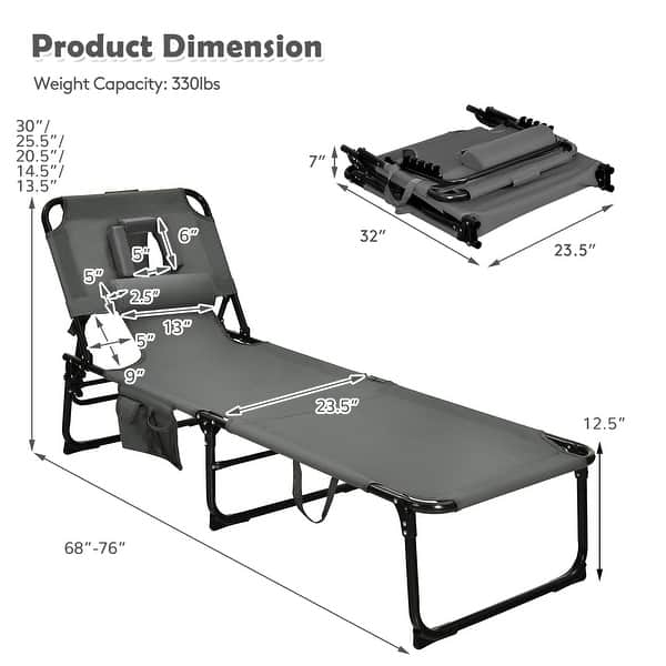 dimension image slide 1 of 5, Gymax Portable Beach Chaise Lounge Chair Folding Reclining Chair w/