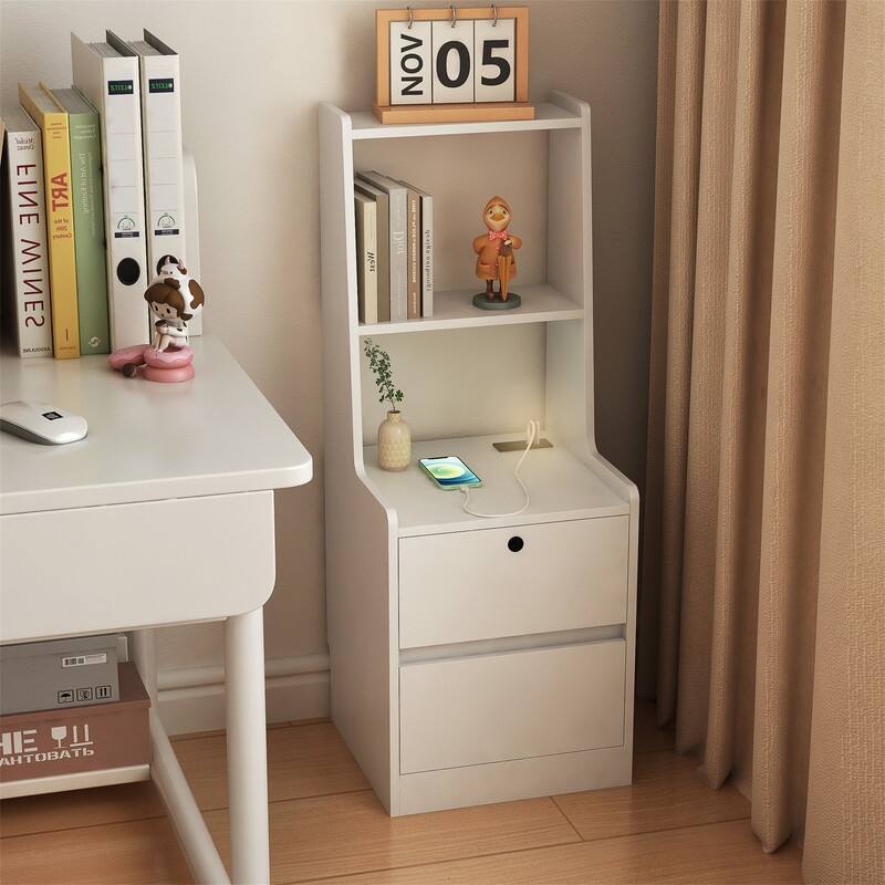 Smart Nightstand with 2 Drawers, Night Light and Charging Station, Modern Bedside Table Side Table with Bookshelf for Bedroom