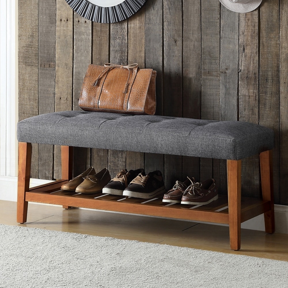 Fabric Upholstered Bench With Open Storage In Beige And Oak Finish