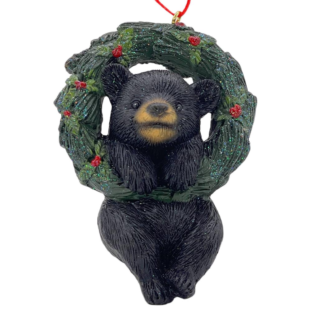 Bear Cub Wreath Glitter Christmas Figurine Ornament 4.5" Black Green