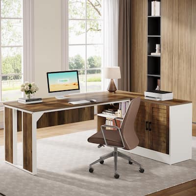 70.9" L-Shaped Executive Desk, Office Desk with Cabinet