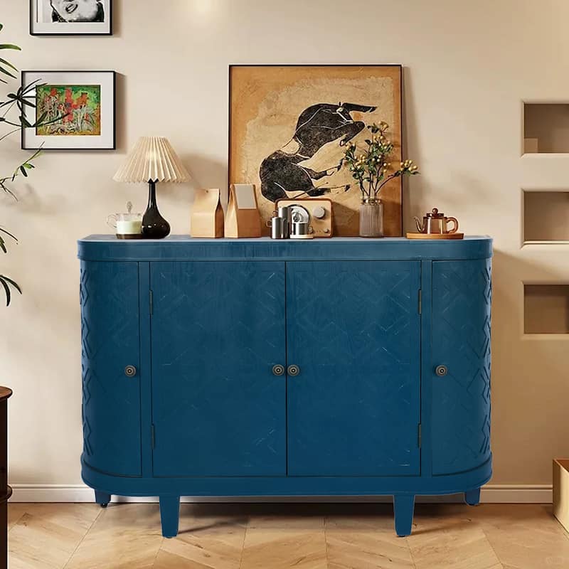 47in Oval Storage Cabinet 4 Doors Fluted Curved Edge Sliding Door for Living Room Kitchen - Antique blue green