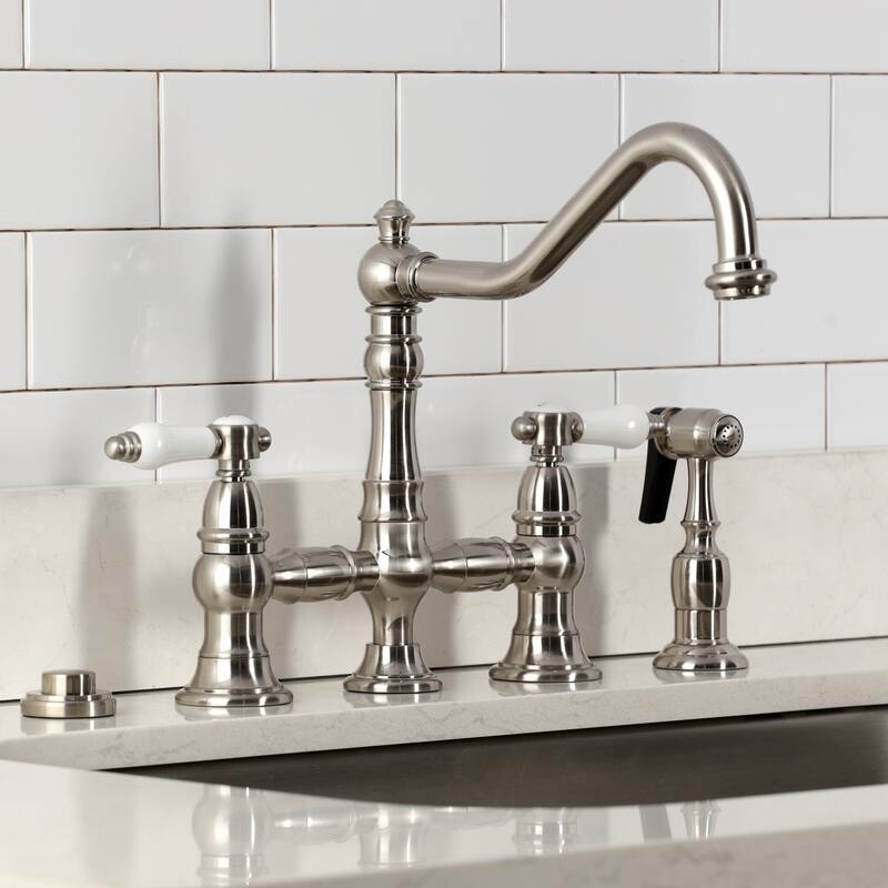 Kingston Brass Bel-Air Two-Handle 4-Hole Deck Mount Bridge Kitchen Faucet with Brass Side Sprayer
