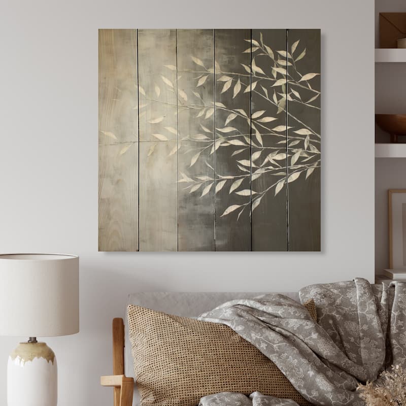 Designart "Willow Leaves In White" Leaves Wood Wall Decor - Traditional White Wood Panel On Natural Pine Wood