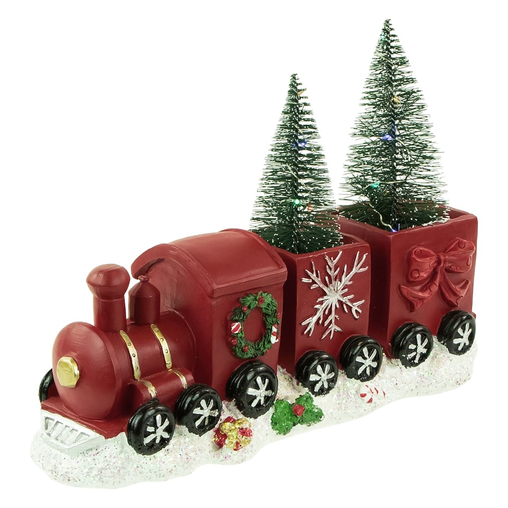 12" Red and Gold Christmas Train With LED Lighted Frosted Trees Tabletop Decoration