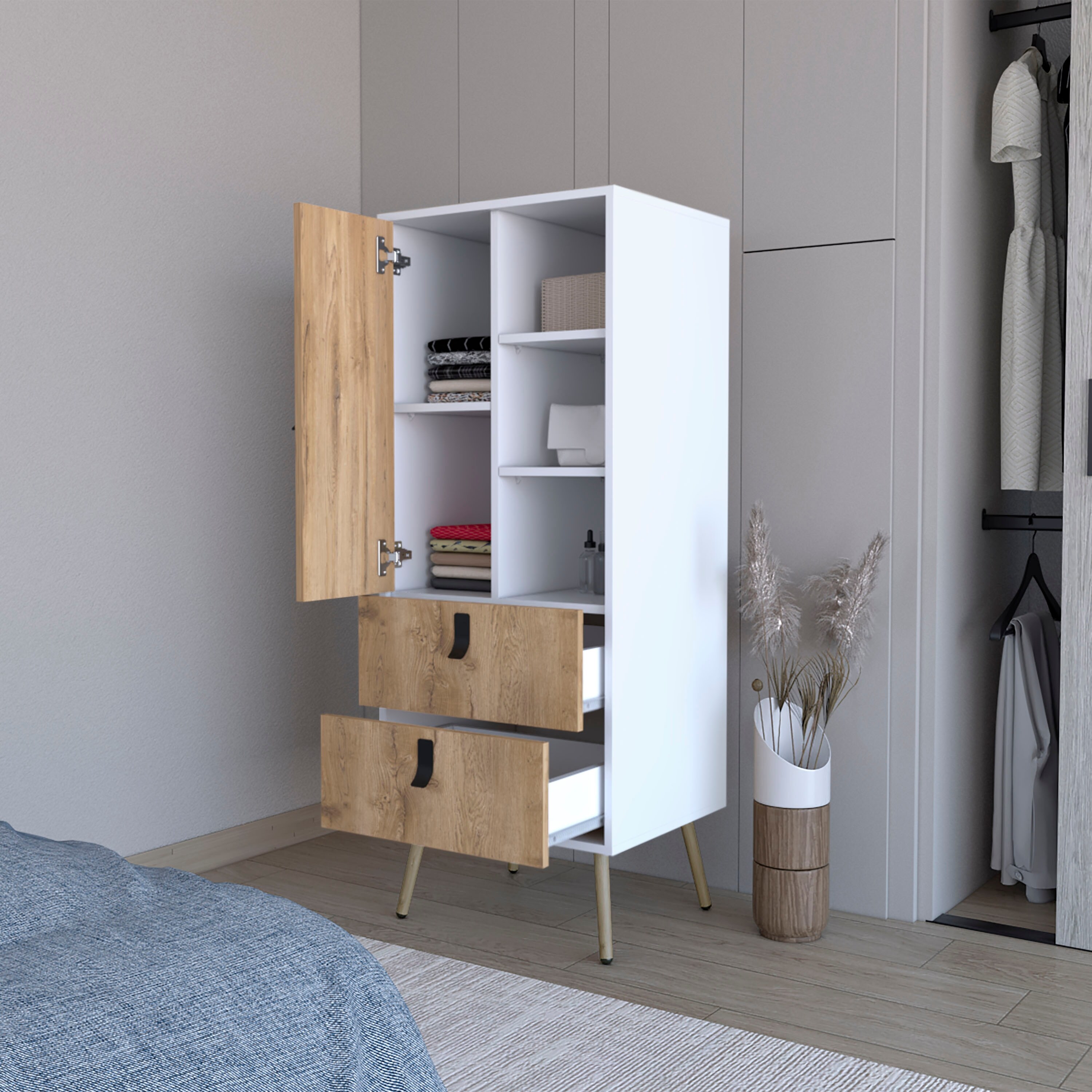 Tall Dresser, Modern Design with 2 Drawers, Versatile Door Storage, Open  Shelves