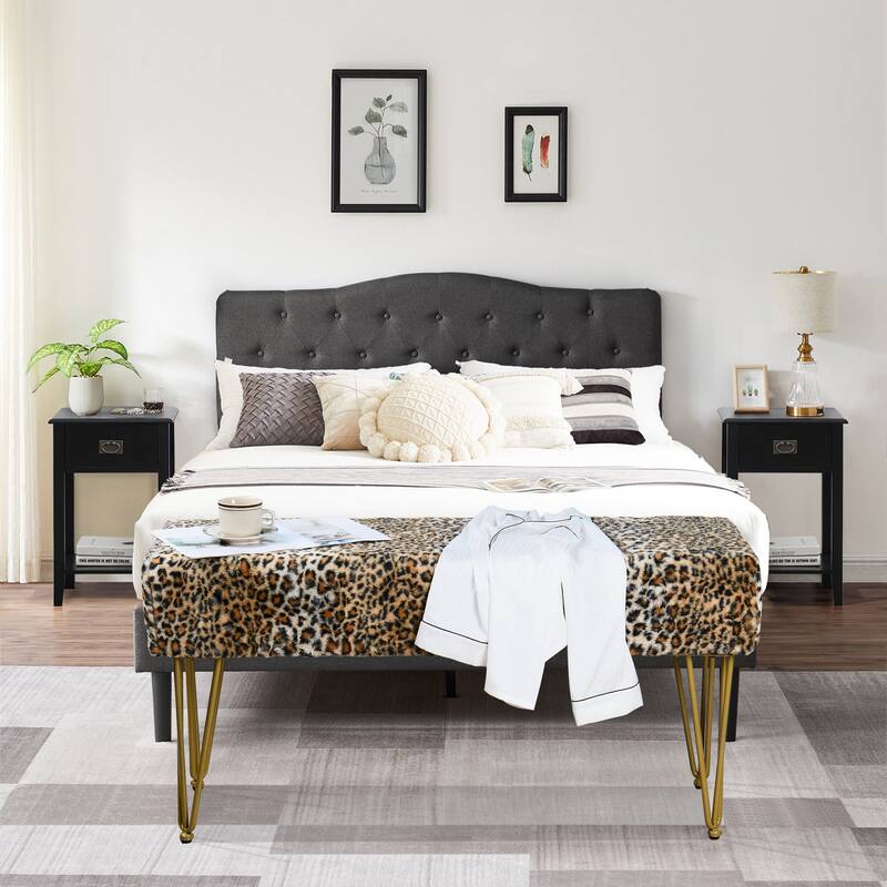 Home Soft Things Leopard Fauxfur Ottoman with Gold Metal Legs