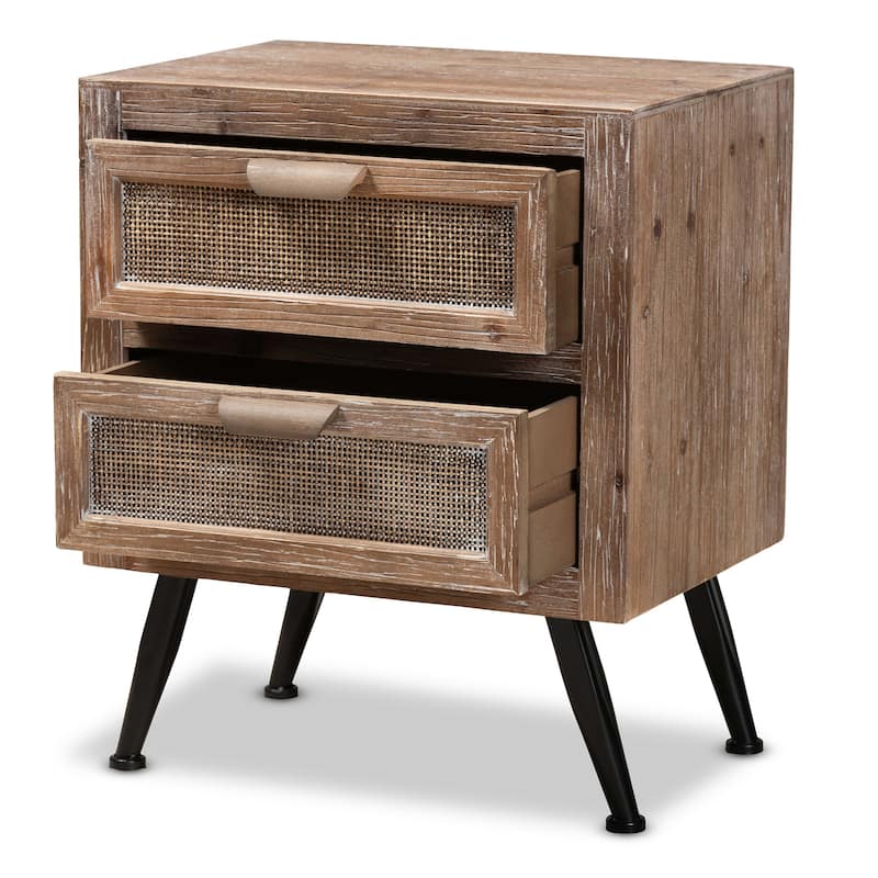 Baxton Studio Calida Mid-Century Modern Whitewashed Natural Brown Finished Wood and Rattan 2-Drawer End Table