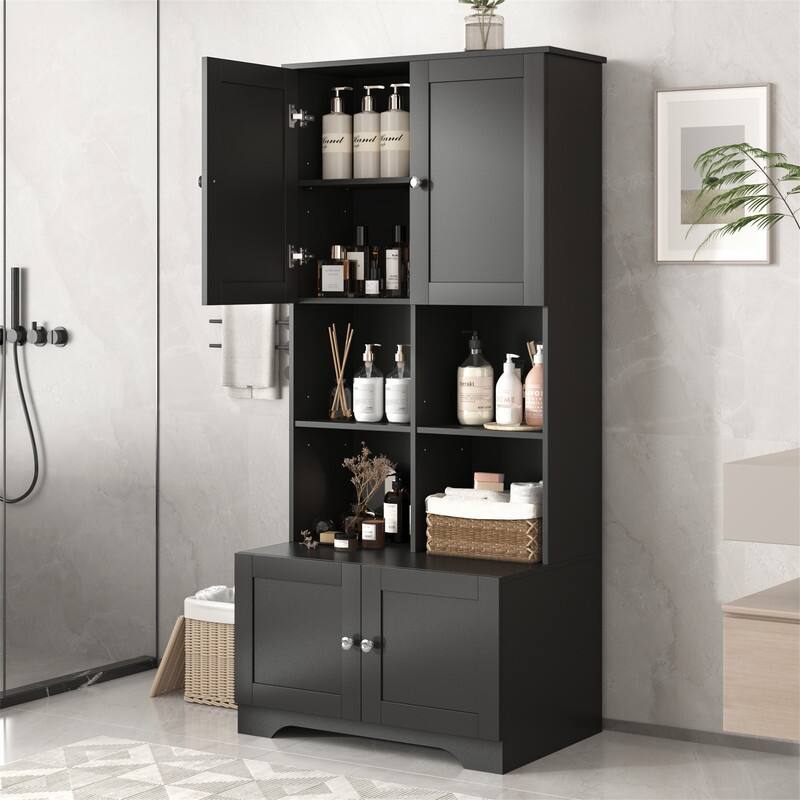 Tall Bathroom Storage Cabinet with 4 Doors, Freestanding Bathroom Storage Unit Floor Cabinet w/Adjustable Shelves & Open Storage - Black