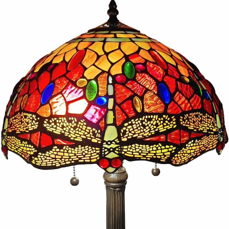 Dark Brown Metal Table Lamp with Multi Stained Glass Shade Dual Pull Chain - 11” x 19” x 22” (D x W x H)