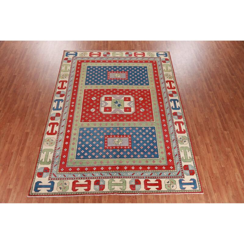 Hand Knotted Oriental 100% Wool Carpet Traditional Geometric Multi-Colored Kazak Area Rug - 11' 5'' X 8' 6''