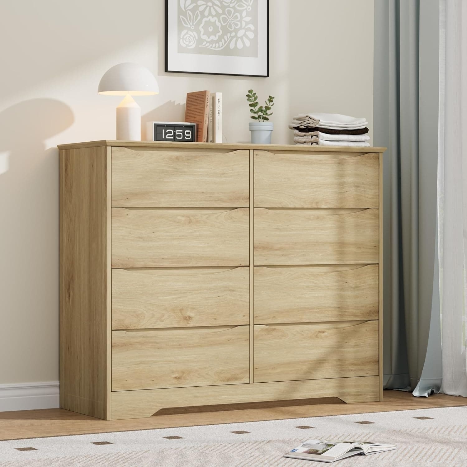 Wooden Dresser with 8 Drawers, Tall Modern Closet with Deep Storage, Large Chest of Drawers with Wide Top