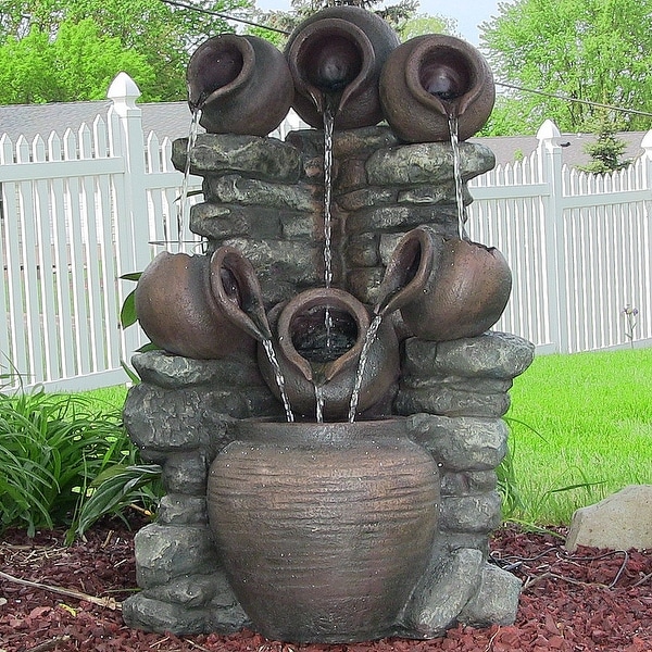 Sunnydaze Old World Tiered Pitchers Outdoor Fountain with LED - 31 Inch Tall