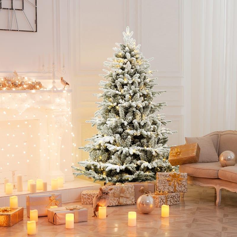 Gymax 4.5/6/7ft Snow Flocked Decoration Christmas Tree w/LED Lights & - 6 Foot