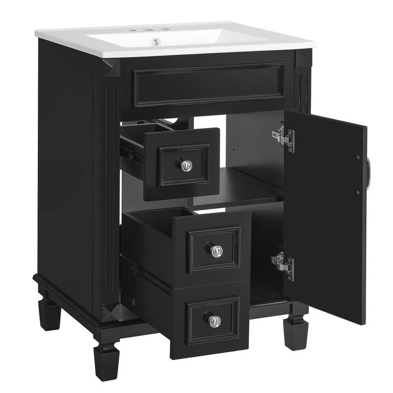 24" Bathroom Vanity With Ceramic Sink, Small Bathroom Sink Cabinet, Modern Cabinet With 2 Drawers And Adjustable Shelf