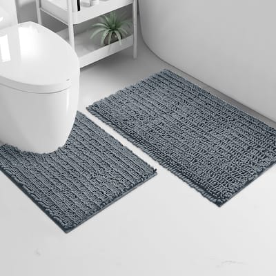 2 Piece Set Dark Grey Soft Cozy Plush Chenille Bath Mat Bathroom Rug