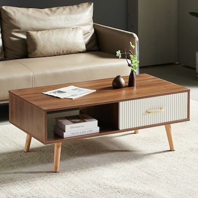 Modern Coffee Table with Drawer for Living Room,Solid Wood Legs