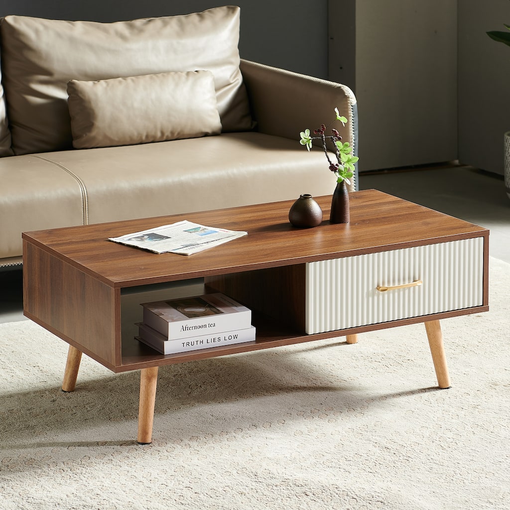 Modern Coffee Table with Drawer for Living Room,Solid Wood Legs