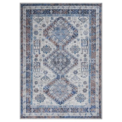 Alaska Machine-Washable Vintage Medallion Power-Loomed Beige/Red Area/Runner Rug