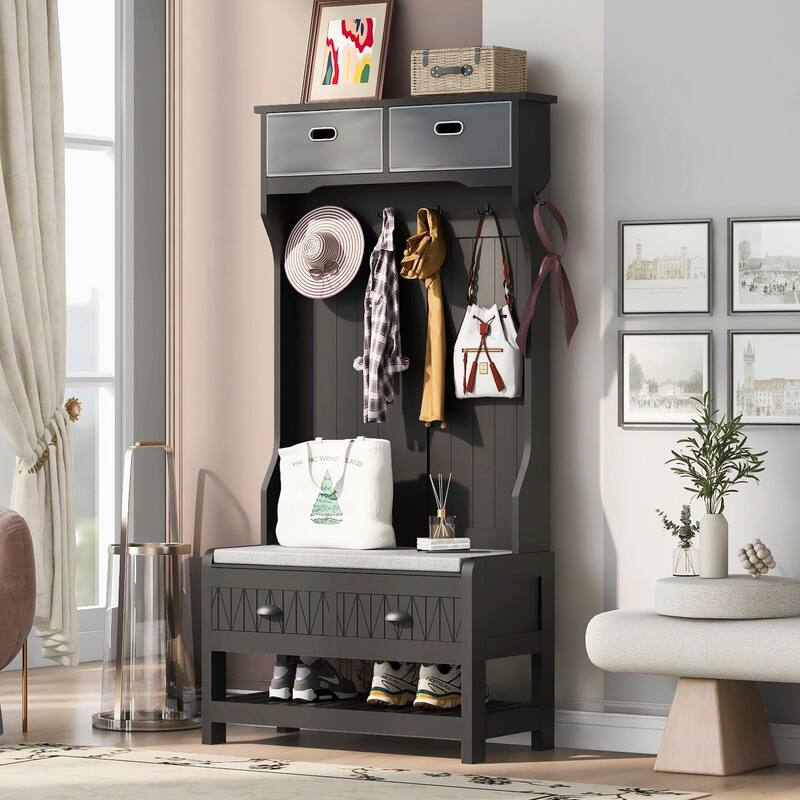 3-in-1 Hall Tree with 6 Hooks, Hinged Lid, Entryway Coat Hanger and Storage Bench