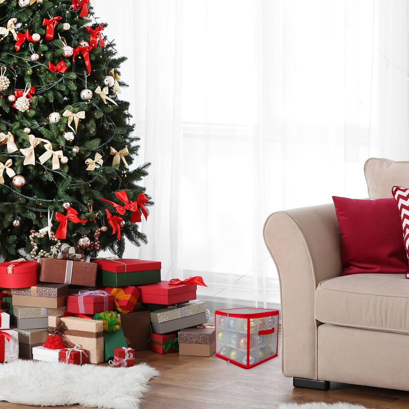 Transparent Zip Up Christmas Storage Box - 12" - Holds 27 Ornaments - Red and Clear