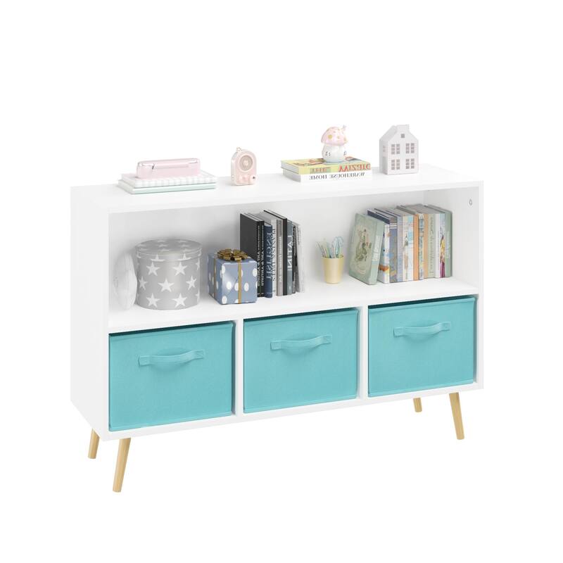 Anmytek White/Gray Kids Storage Organizer with Fabric Drawers White Bookcase Toy Display Shelf