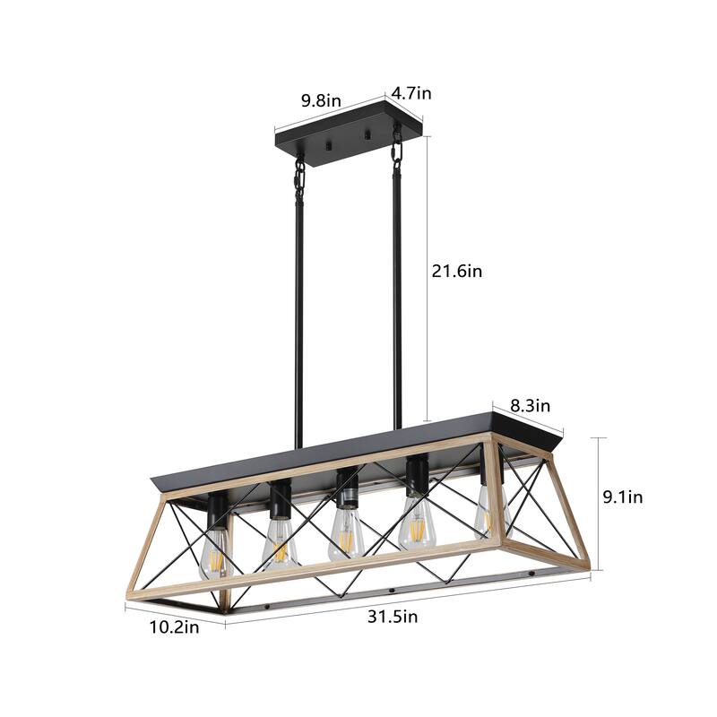 32" Industrial 5-Light Pendant Chandelier, Modern Metal Cage Design, Adjustable Hanging Light for Dining Room (No Bulbs)