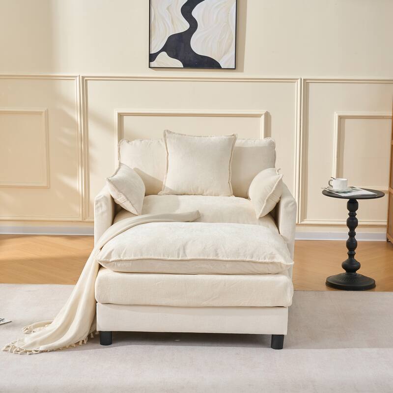 Anmytek Beige Chenille Modern Accent Chair and Ottoman Set Upholstered Reading Armchair