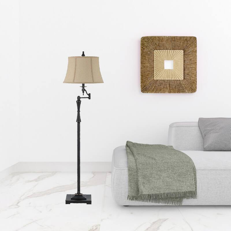 61-Inch Traditional Bronze Swing Arm Floor Lamp Square Brown Linen Shade - 16" x 16" x 61"