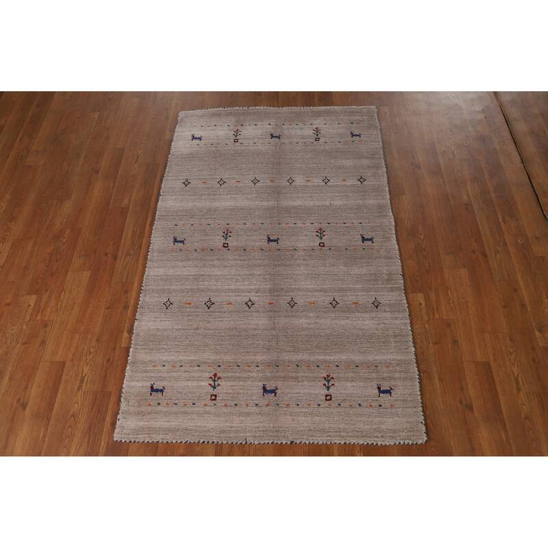 Hand Knotted Oriental 100% Wool Carpet Tribal Animal Pictorial Beige & Ivories Gabbeh Area Rug - 4' 11'' X 3' 0''