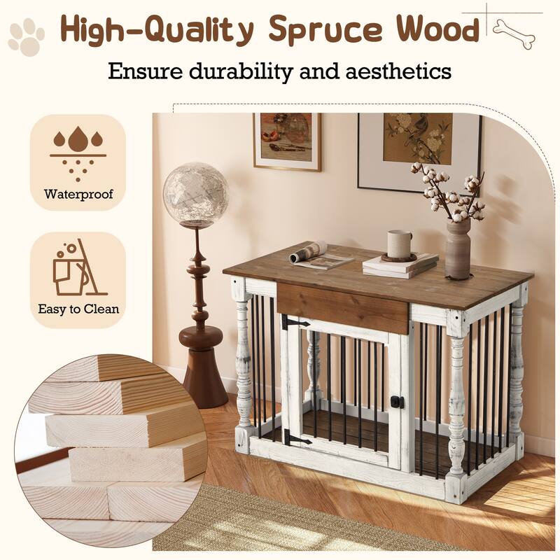 EROMMY 39" Wood Dog Crate Furniture – Waterproof Top, Roman Columns, Sturdy Iron Bar Kennel, Stylish End Table Indoor Dog Cage