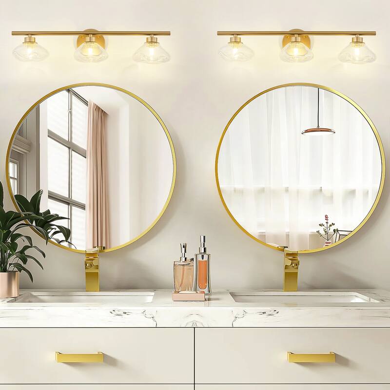 3-Light 24.4" Modern Black/Gold Bathroom Vanity Light with Stone-Shaped Seed Glass Shades